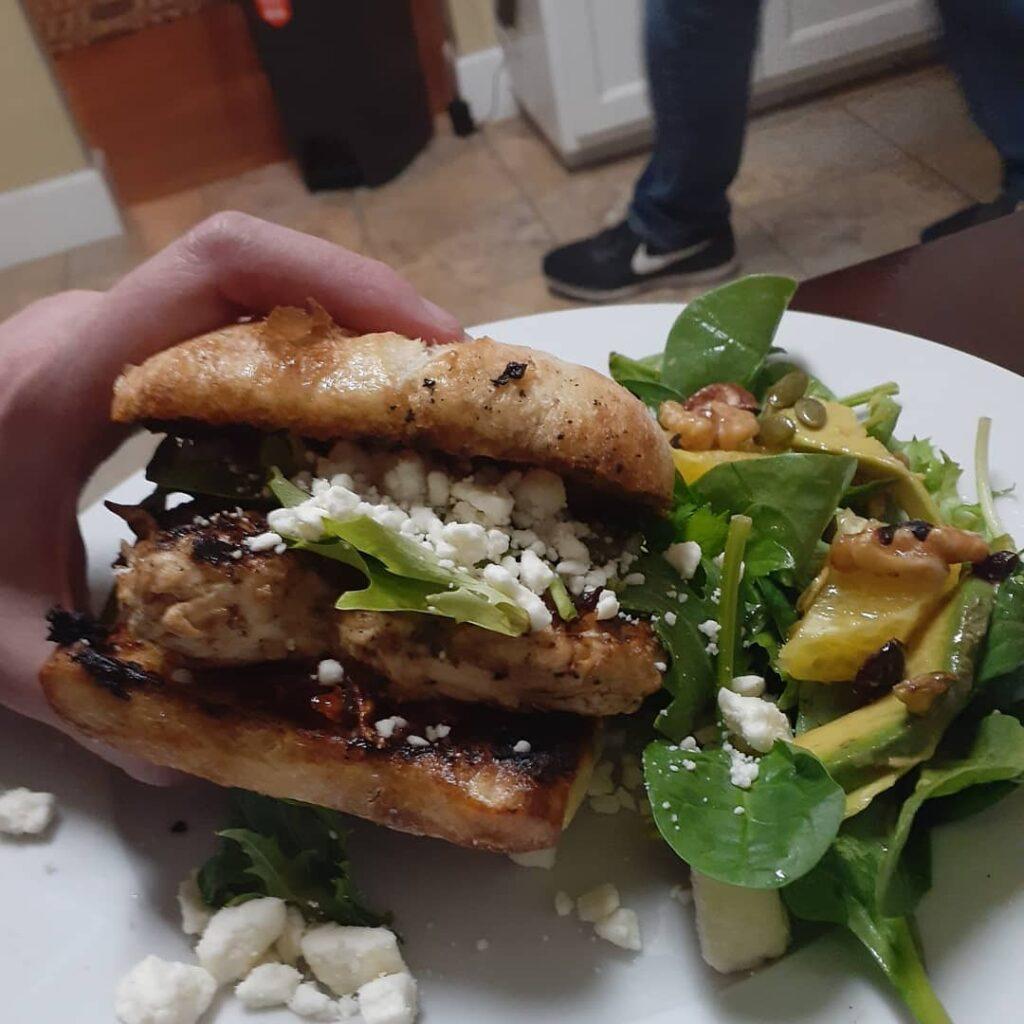 Chicken ciabatta sandwich with feta, sundried tomatoes, and mixed greens 

Chick…