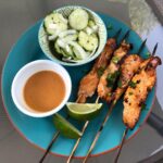 Chicken satay skewers with a delicious peanut dipping sauce and a side of super …
