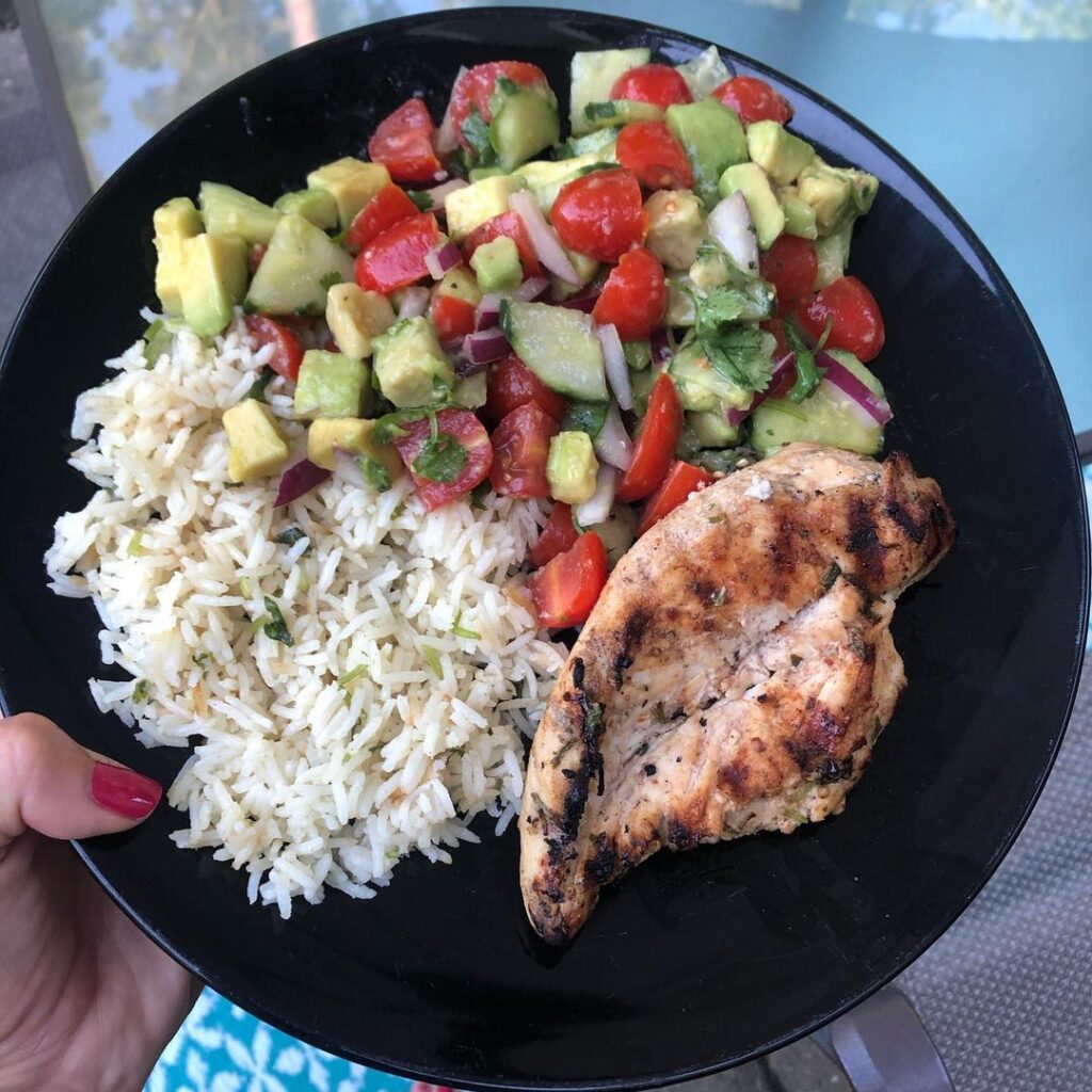 Cilantro lime marinated and grilled chicken, cilantro lime rice, and   avocado t…