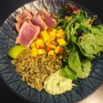 Last night’s dinner was  Seared blackened ahi tuna, fresh mango jalapeño salsa, …