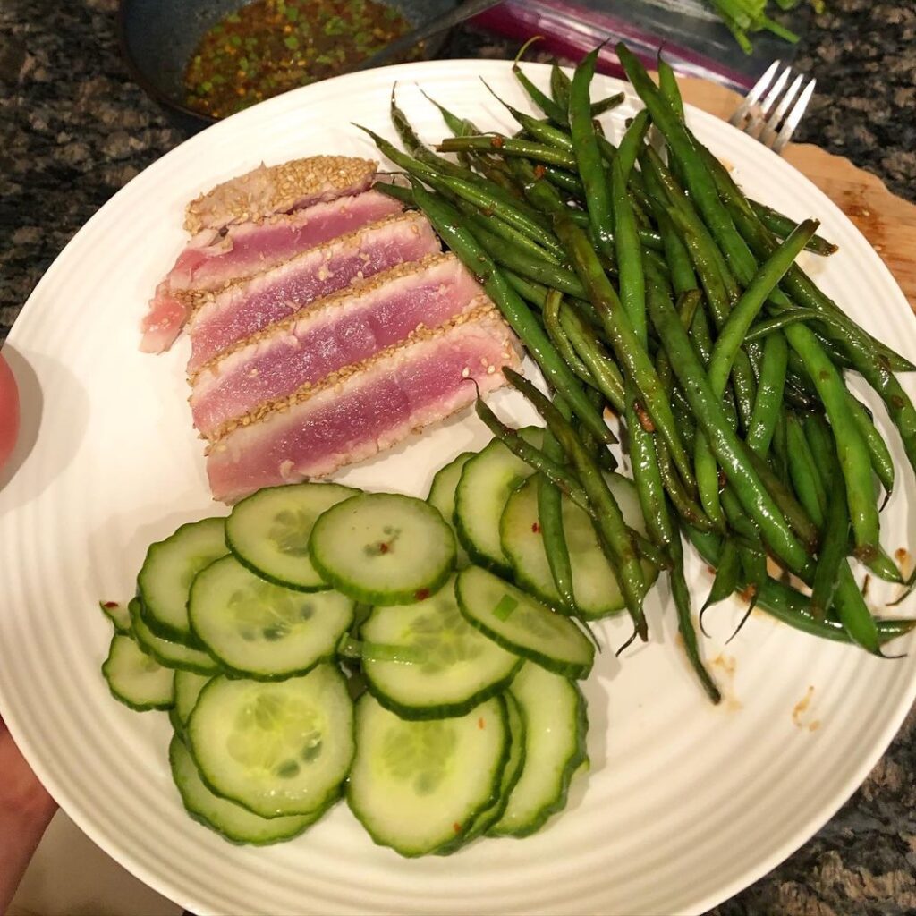 Last nights dinner was . Sesame encrusted ahi tuna with quick pickled cucumbers …