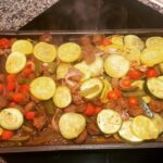 Look at that deliciousness!!!! Yummy roasted veggies with sausage (zucchini, squ…