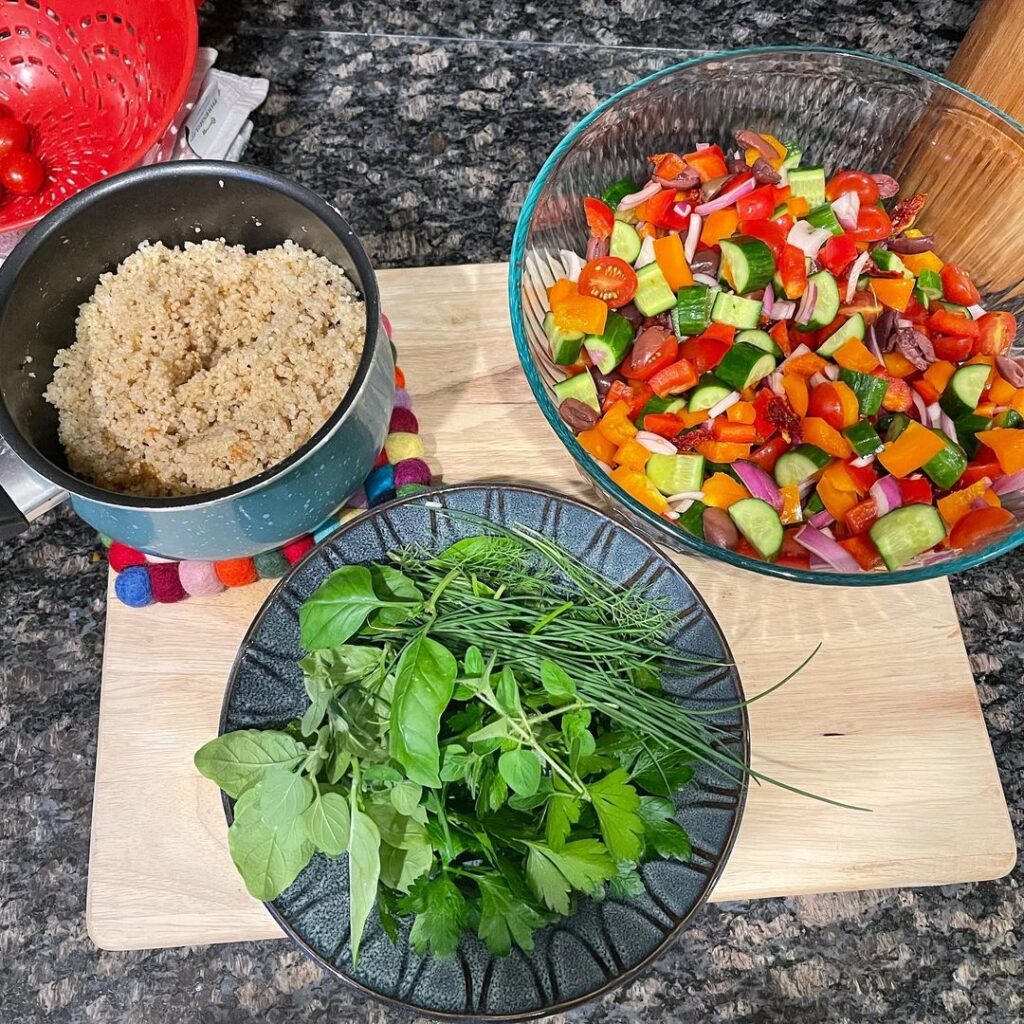 Lunch this week: Mediterranean quinoa salad featuring fresh herbs from my garden…