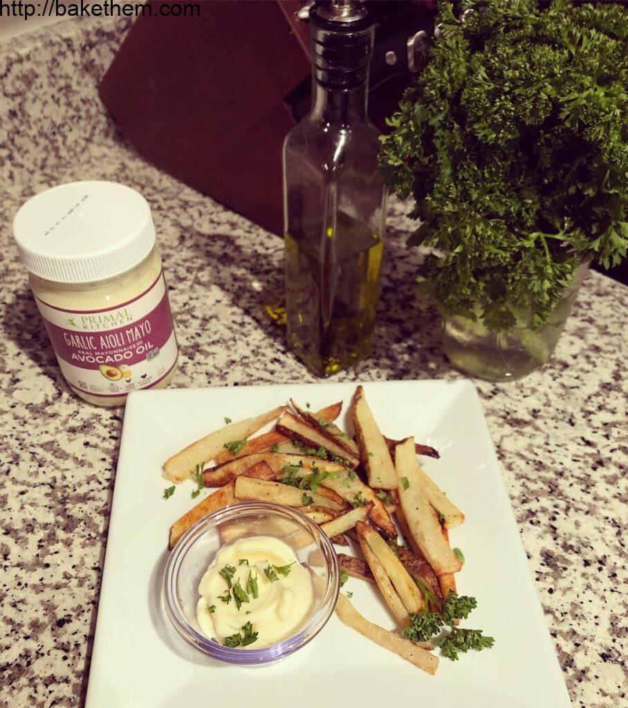 Oven baked “fries” with  garlic aioli mayo for dipping. This combination was abs…