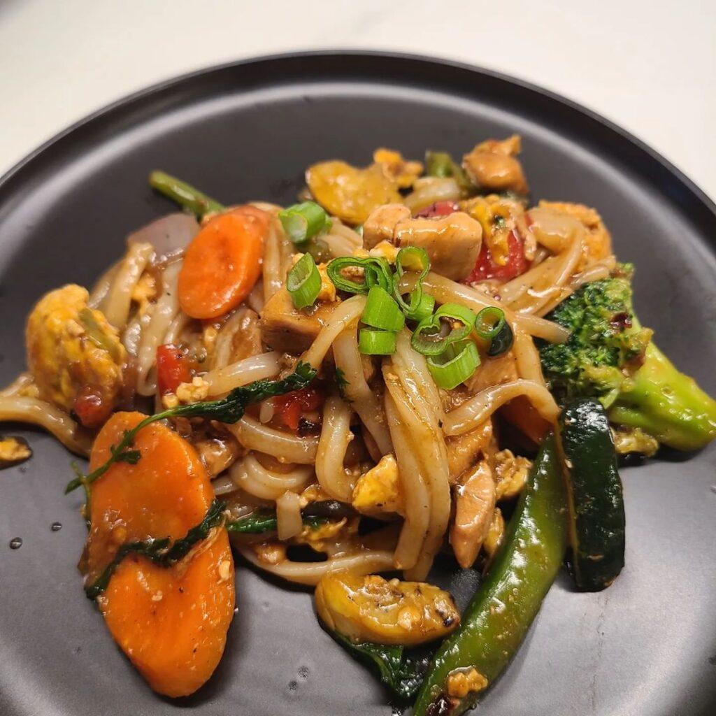 Pad Thai noodles with chicken and frozen veggies 

I like to make the sauce firs…