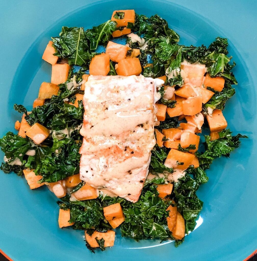 Salmon, sweet potato and kale bowls with a smoky citrus sauce. 

This meal is ab…