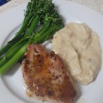 Simple quick and easy dinner 

Pan cooked pork chops, brocollini, and parsnip pu…