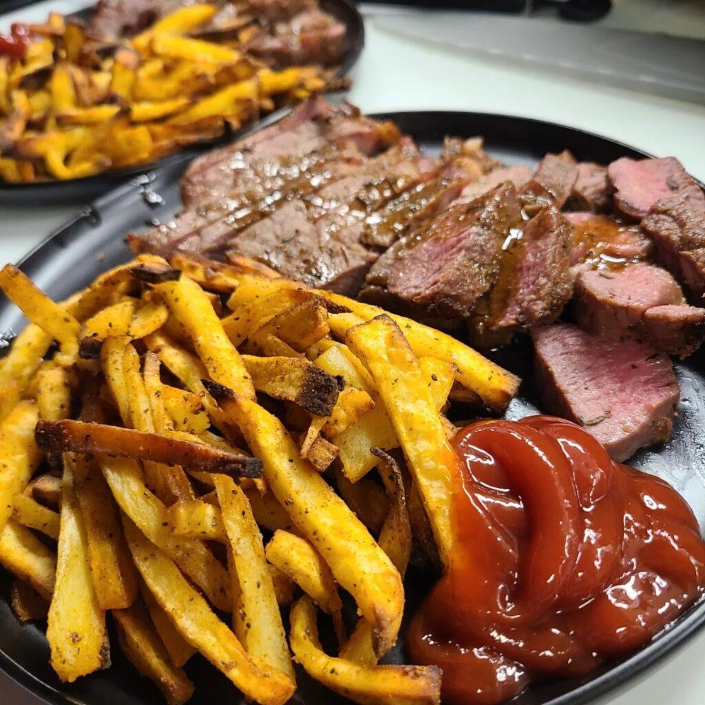 Sousvide steak with pan sauce and fries 

Idk what kind of fries these are. I or…