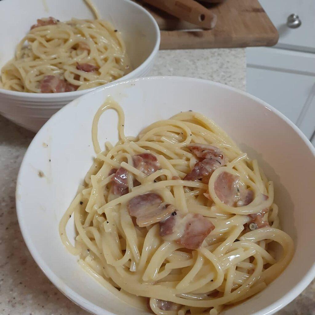 Spaghetti carbonara 

I like mine “saucy”, more wet than some I think. I used 4 …