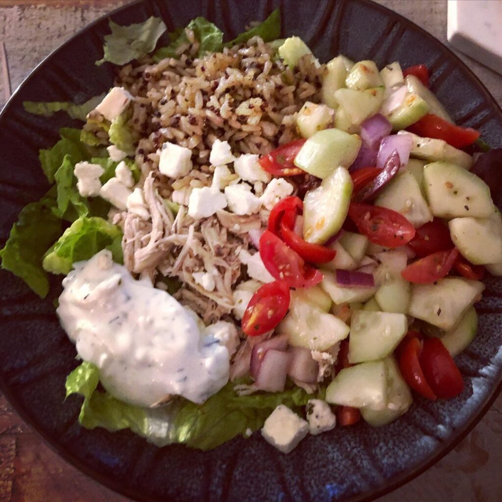 Sunday dinner is chicken gyro bowls with romaine, Jerusalem salad,  quinoa and r…