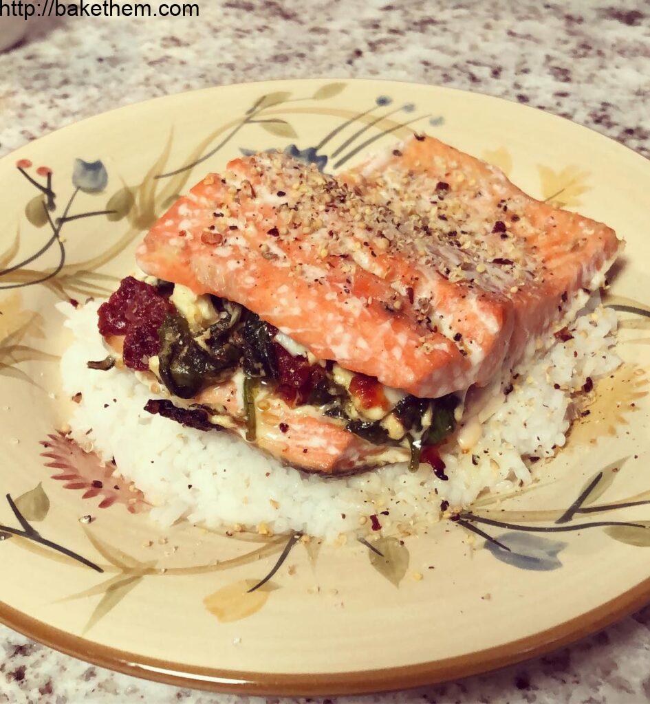 Tonight’s Plate: Salmon stuffed with Spinach, Sun-Dried Tomatoes, and Feta over …