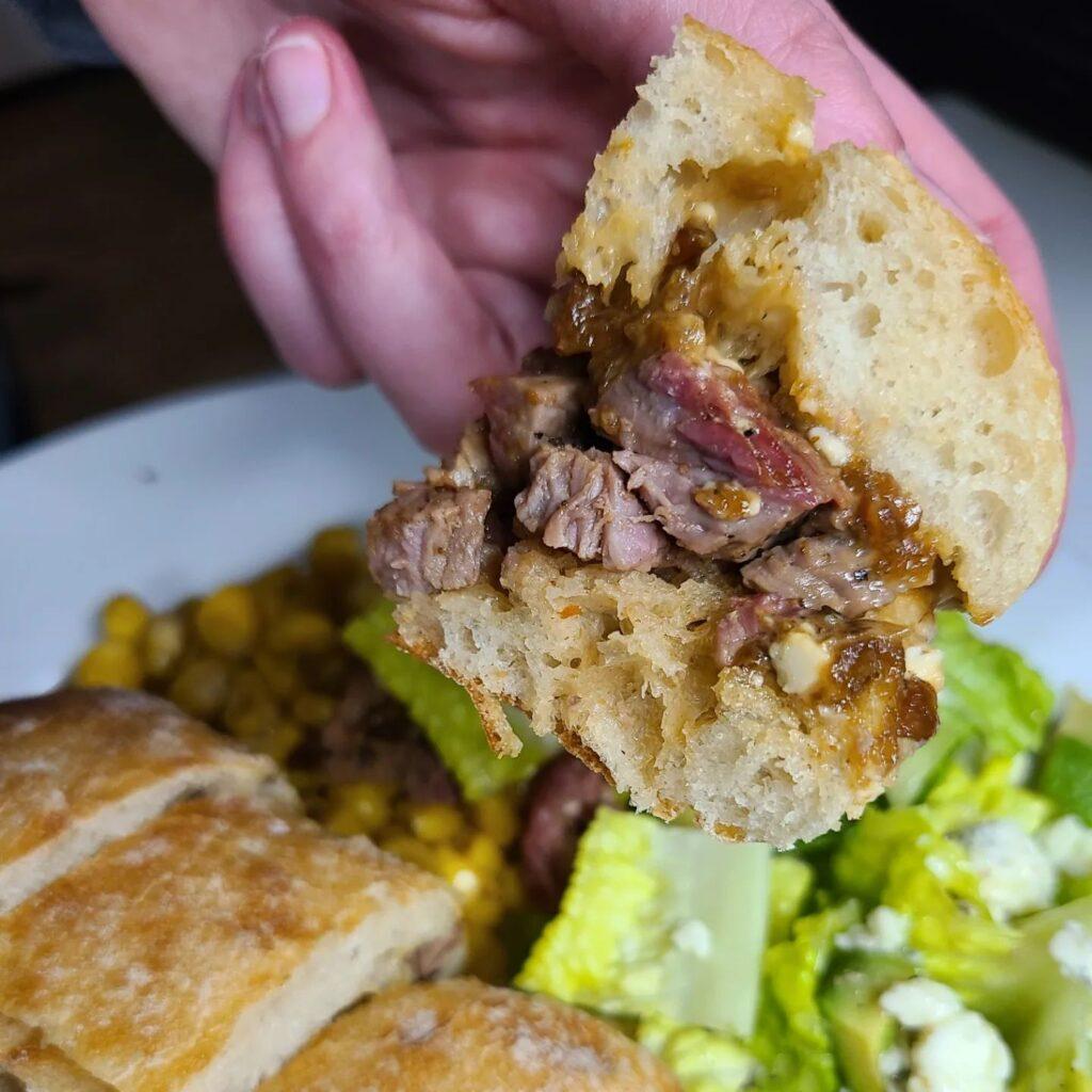 Tri tip sandwiches with carmelized onions and blue cheese. 

I carmelized onions…