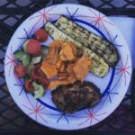 Twilight grilling after a perfect afternoon by the pool. Some balsamic grilled c…